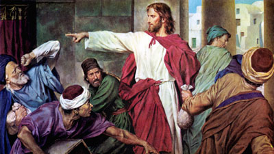 Jesus commands those who defile his temple and those covenants to depart. Jesus cleansing the temple, artist unknown.
