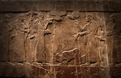 Possible depiction of the Israelite King Jehu performing Proskynesis before King Shalmaneser III of Assyria on the Black Obelisk of Shalmaneser III. Image via Wikimedia commons.