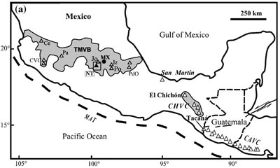 Volcano locations (triangles) in southern Mexico and Guatemala. Image from Jerry Grover's Geology of the Book of Mormon.