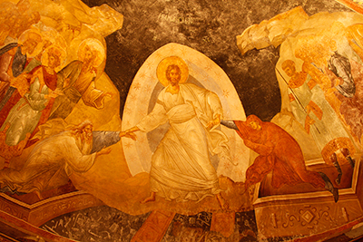 Through the resurrection and atonement, Christ was able to break the bands of death and open up the gates of hell. Anastasis at the Chora Church in Istanbul, ca 1315. Image via Wikimedia Commons.