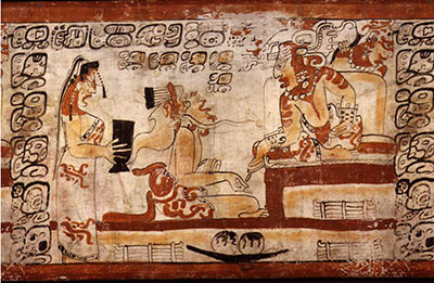 The system of Nephite Judges may be similar to the hegemony of Mesoamerican rulers. Maya ruler seated with scribe and maiden. Peten Middle Classic. Image via authenticmaya.com