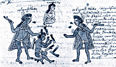 Two men beating a youth with firebrands. Image from Codex Mendoza.