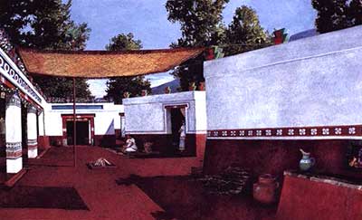 An artist's reconstruction of an Aztec house compound, which would have housed both immediate and extended family. While this reconstruction post dates Book of Mormon times, it may help the reader visualize what Amulek's household may have looked like. Image via John L. Sorenson’s Images of Ancient America, p. 63.