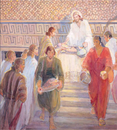 Jesus Administering the Sacrament at Bountiful. Painting by Minerva Teichert.