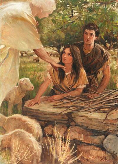 Painting of Adam and Eve being instructed in sacrifice by an angel. Painting by Walter Rane.