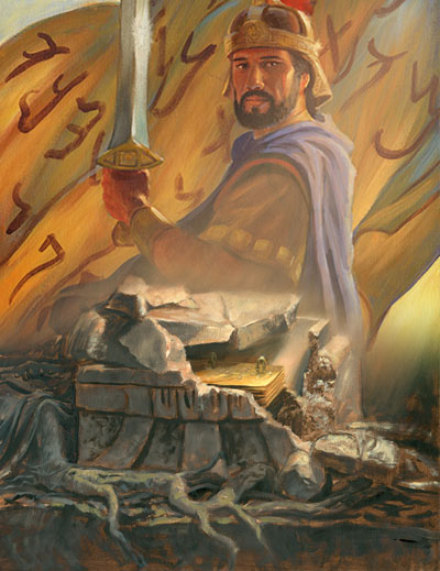 Mormon's editing of the plates reflected his admiration of Captain Moroni. Paintings by James Fullmer.