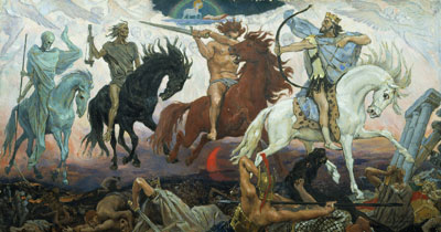 At the end of times, Christ will come with his shafts and arrows to save the just and destroy the wicked. Four Horsemen of the Apocalypse by Viktor Vasnetsov. Image via Wikimedia Commons.