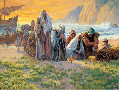 Lehi and his family arrive at the promised land. Artist unknown.