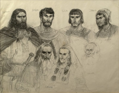 Lehi, Sariah, Laman, Lemuel, Sam, Zoram, and Ishmael. Sketch by Arnold Friberg.