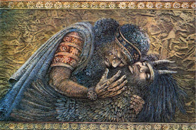 The ancient near eastern Epic of Gilgamesh contained examples of chiasmus. Painting of Gilgamesh and Enkidu. Artist unknown.