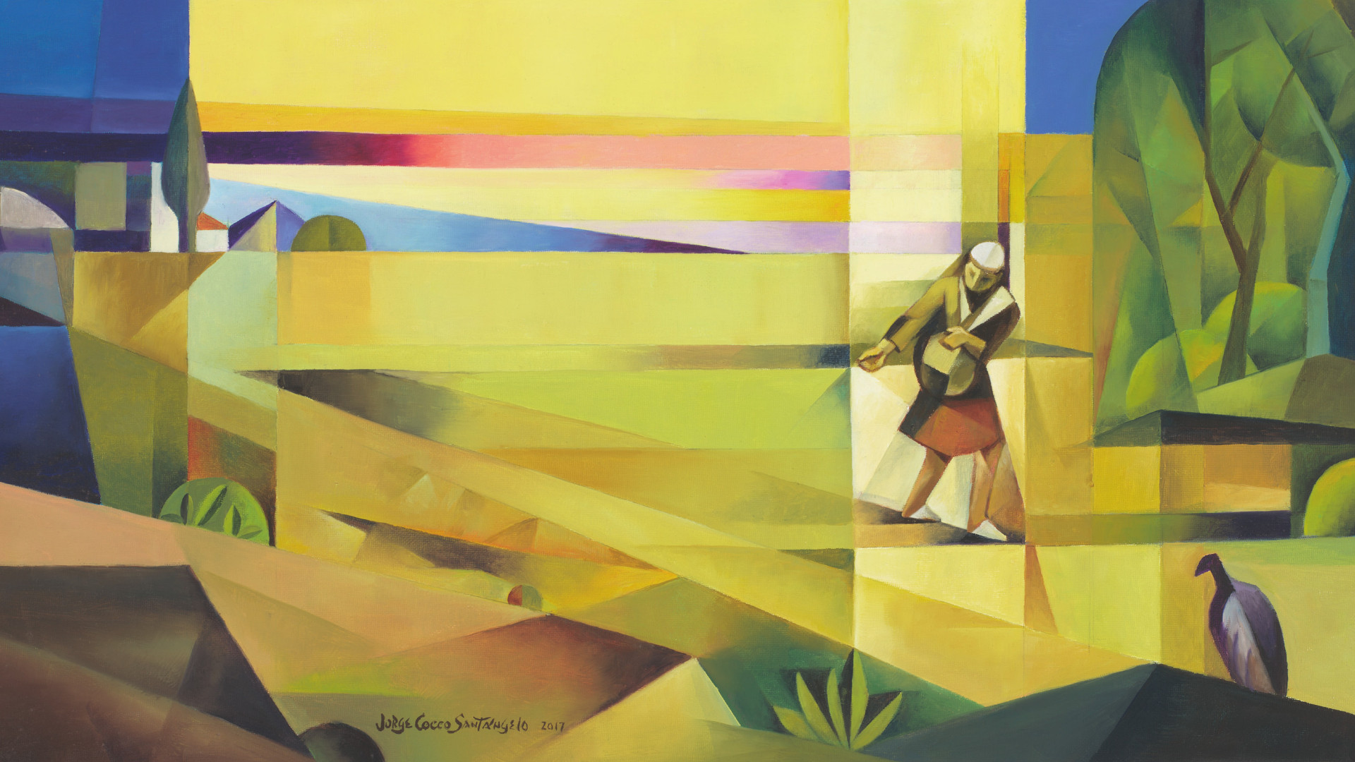 Jorge Cocco's painting, "The Sower," which depicts a man walking with a bag of seeds and tossing them into soil on his path, as described in Jesus's parable.