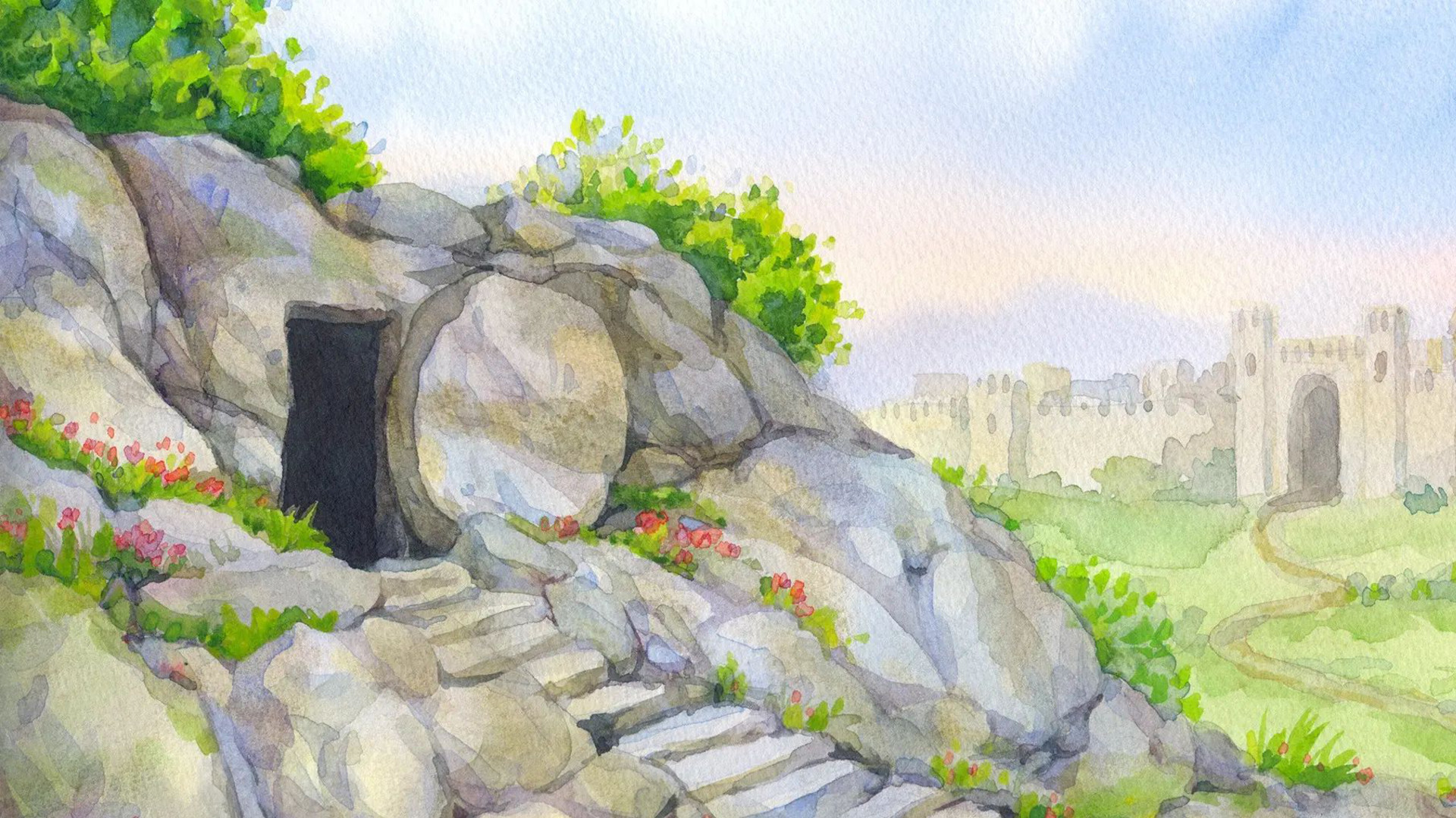 A watercolor illustration of the empty tomb by Maryna Kriuchenko