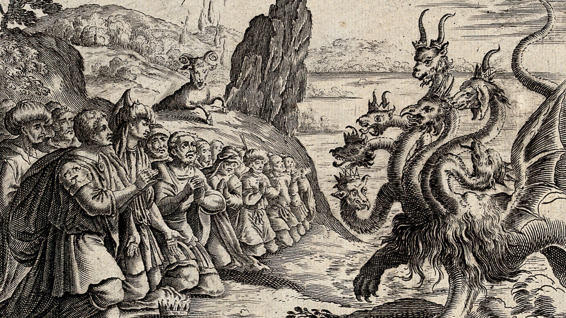 The seven-headed beast is worshipped by men of all nations, as told in the Book of Revelations. Engraving. Wellcome Collection. Public Domain Mark.