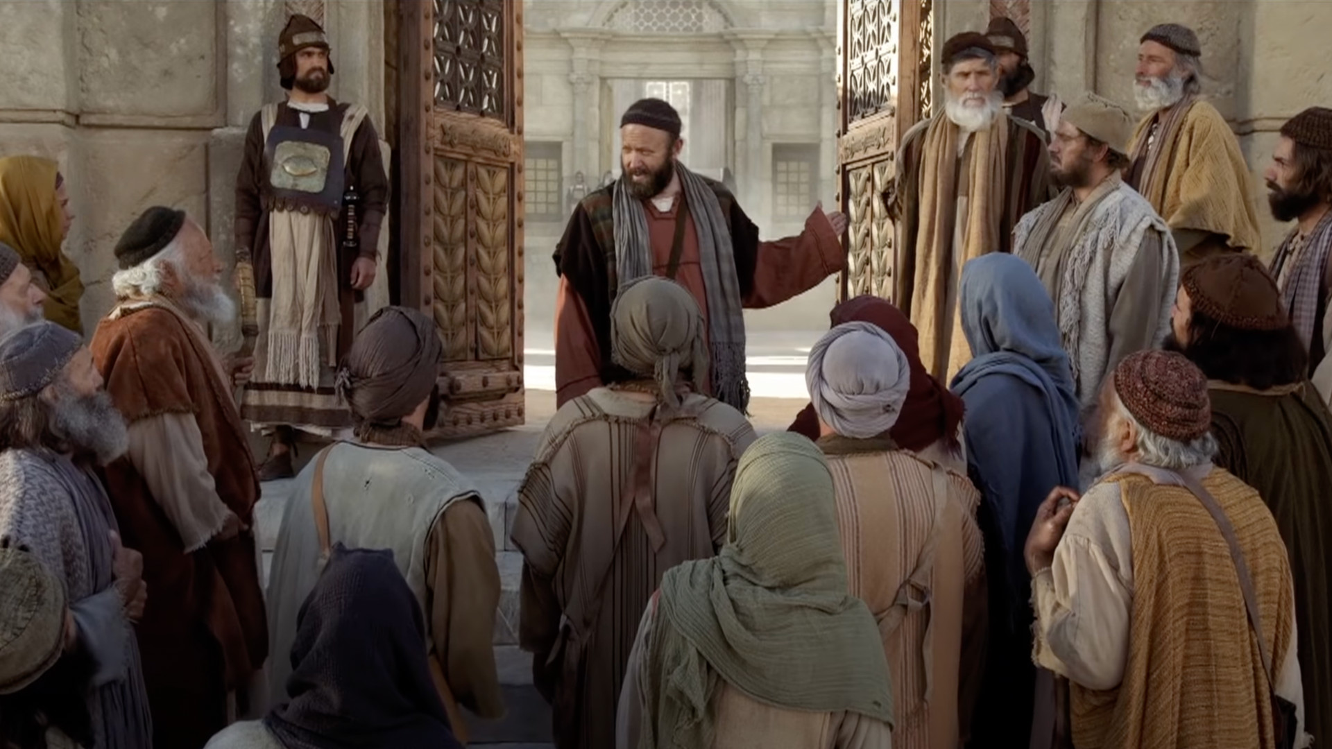 A still from the Bible video "Ye Are The Temple of God," depicting Paul teaching in front of the temple.