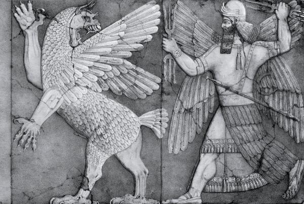 A bas-relief thought to be of Marduk and Tiamat from a temple at Nimrud dates the legend to at least the reign of Ashurnasirpal II (883-859 BC). Image via Wikimedia Commons