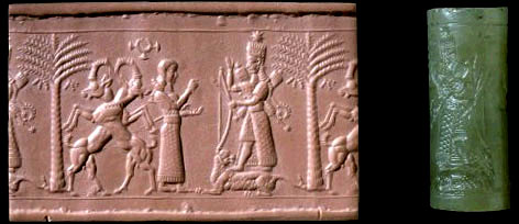 Cylinder Seal depicting a scene from the Descent of Ishtar. This artifact is Neo-Assyrian and dates to approximately 720-700 B.C. Image from piney.com