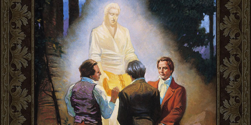Painting of the angel Moroni showing the gold plates to the Three Witnesses. Artist unknown.