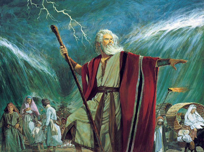 Moses Parting the Red Sea, by Robert T. Barrett. Image via Gospel Media Library.