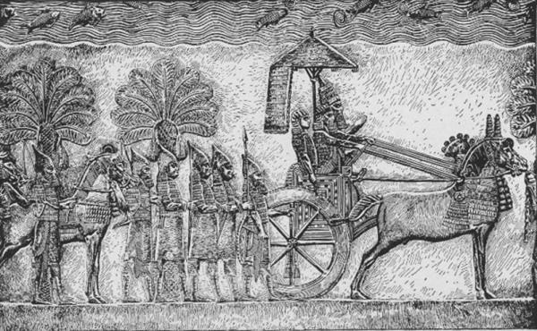 Sennacherib during his Babylonian war, relief from his palace in Nineveh. Image via Wikimedia Commons