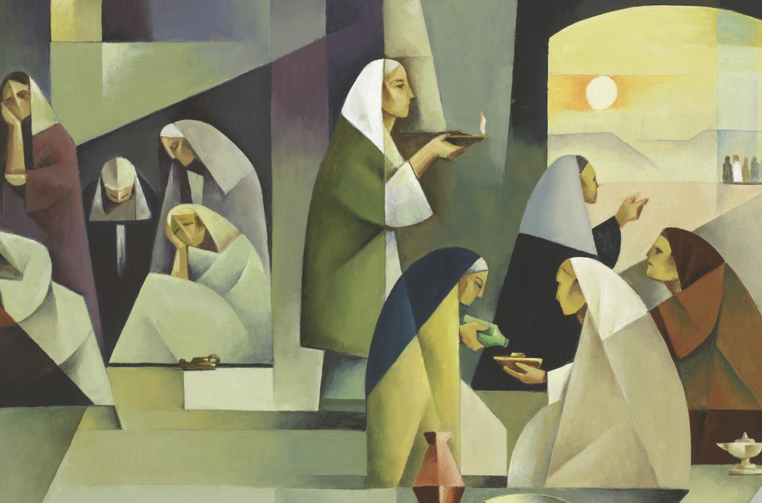 "The Ten Virgins," by Jorge Cocco, shows the wise virgins from Jesus' parable, with oil in their lamps and vessels, and the foolish virgins, who were not prepared with oil.