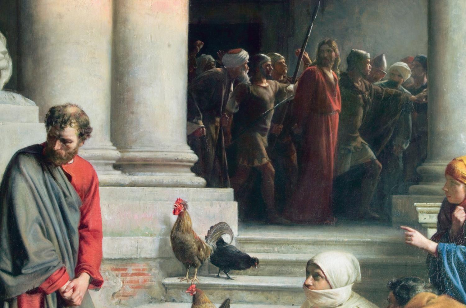 Peter looks away as Christ passes by in the hands of his accusers in this painting by Carl Bloch, "Peter's Denial."