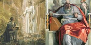 Moroni Appears to Joseph Smith by Tom Lovell and the Prophet Joel by Michelangelo.