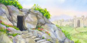 A watercolor illustration of the empty tomb by Maryna Kriuchenko