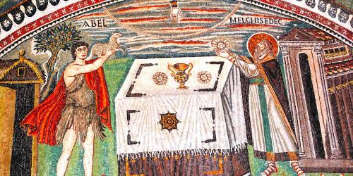 Abel and Melchizedek bringing their offerings to the altar. Mosaic in Basilica of St. Vitale, Ravenna. Image via templestudy.com