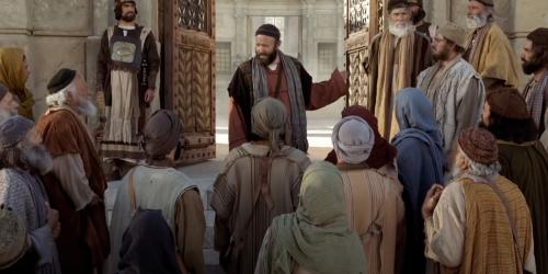 A still from the Bible video "Ye Are The Temple of God," depicting Paul teaching in front of the temple.
