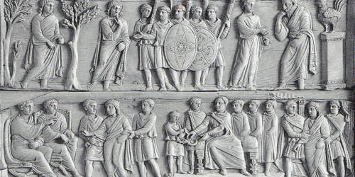 Detail from the lid of the Brescia Casket, a carved ivory box from the late 4th century, depicts scenes from the life of Christ, including the arrest in the Garden of Gethsemane and judgment before Pilate. Public Domain Image