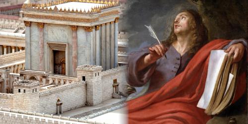 Left, a model of King Herod's Temple. Image from The Church of Jesus Christ of Latter-day Saints. Right, “Saint John Writes the Book Revelation on the Isle of Patmos” by Gaspar de Crayer. Public Domain.