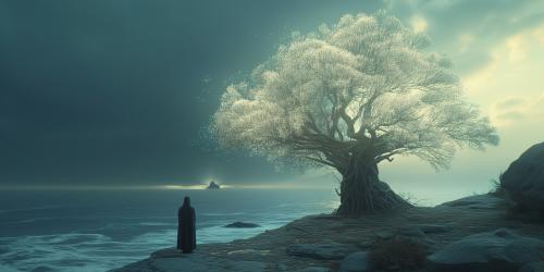 Zosimus stands on the shore of the ocean next to one of the trees in his vision. This image was generated by Midjourney AI.